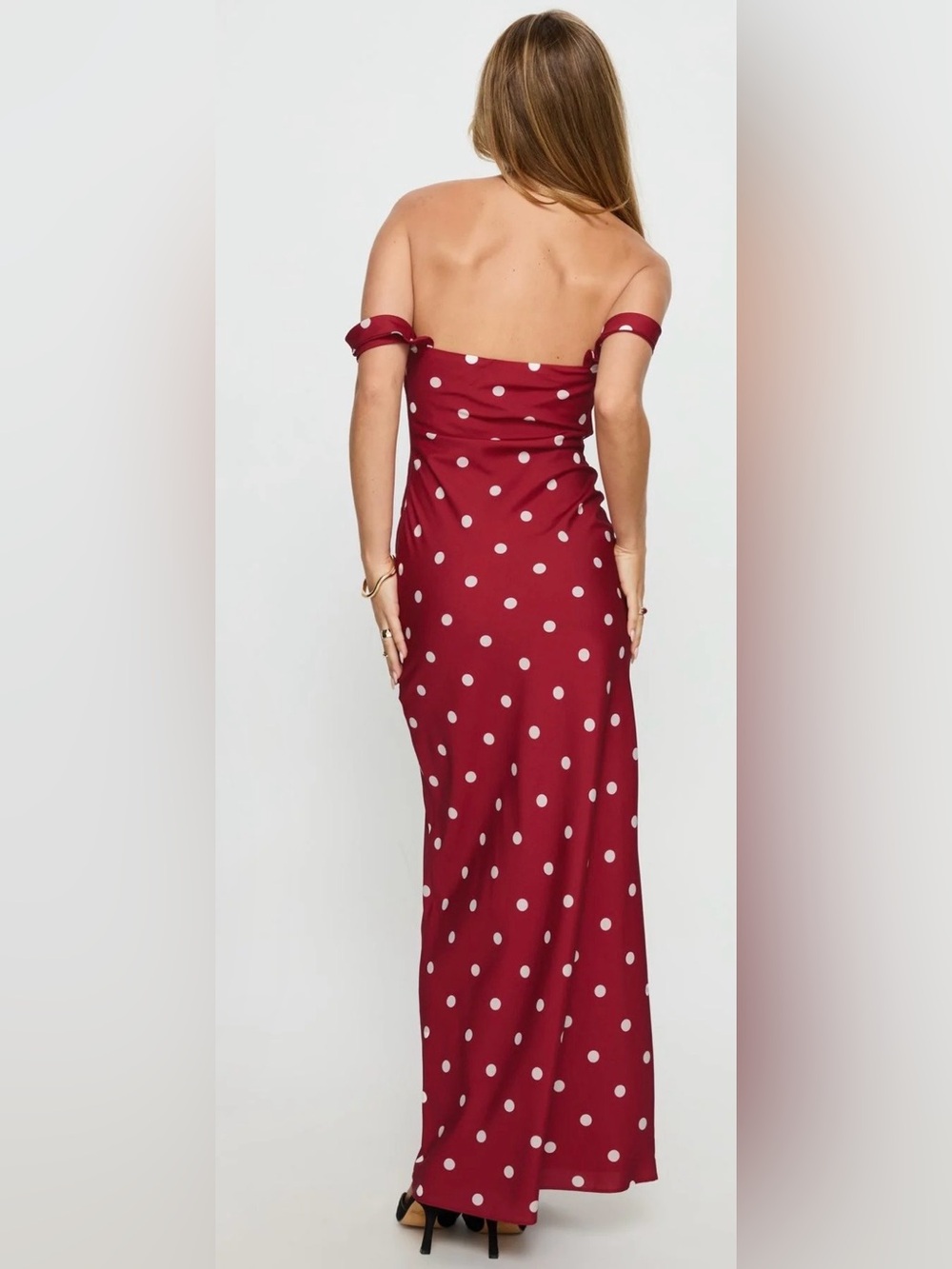 Princess Polly End Credits Off Shoulder Pleat Maxi Dress in red polka dot - Picture 2 of 10